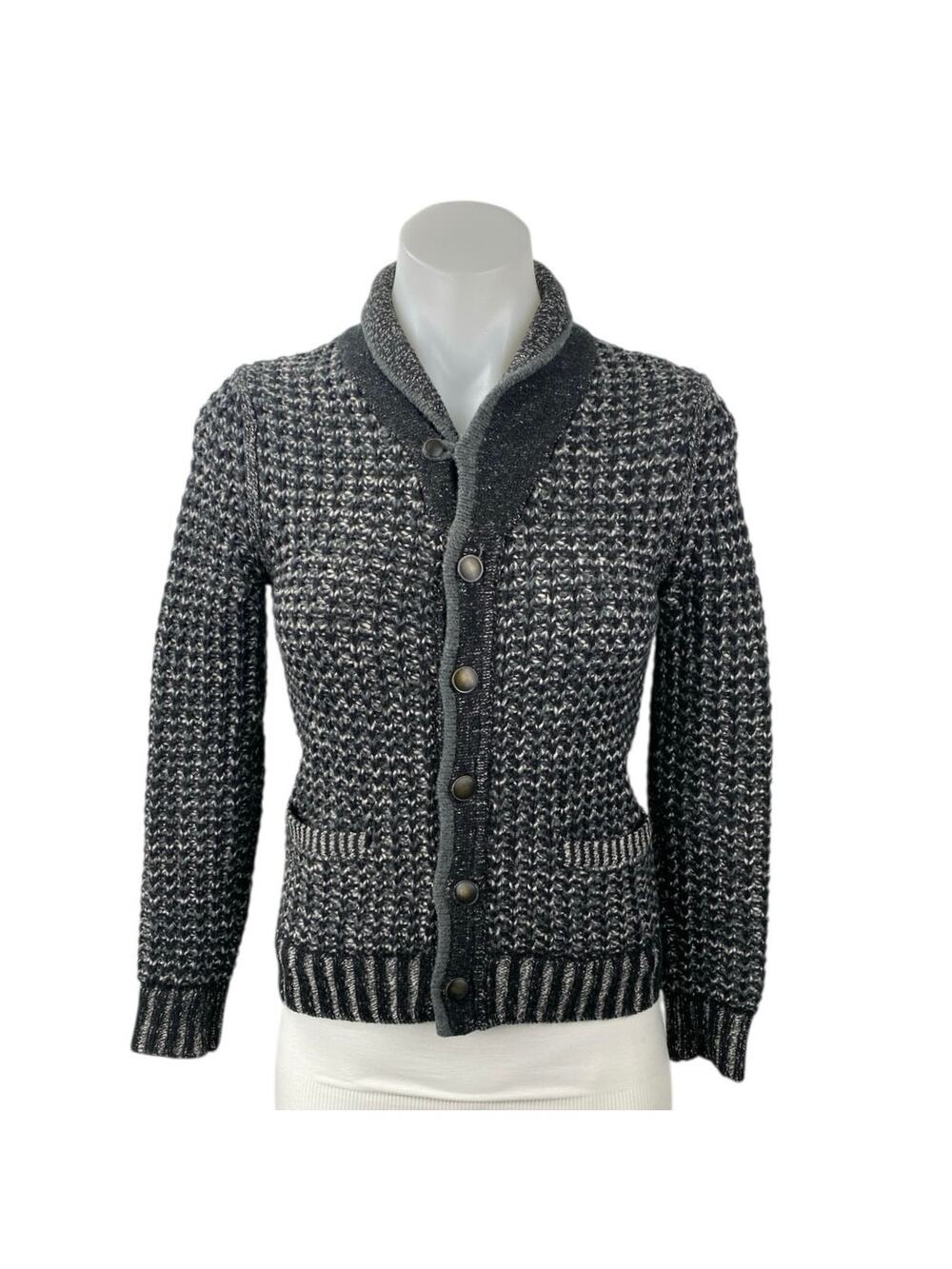 Rag & Bone Neiman Marcus Gray Black Wool Button Long Sleeve Cardigan Sweater M
